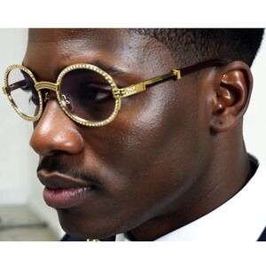 Rhinestone‎ Glasses Oval Clear Lens Gold Frame Wood Arm Fashion Eyewear Lentes